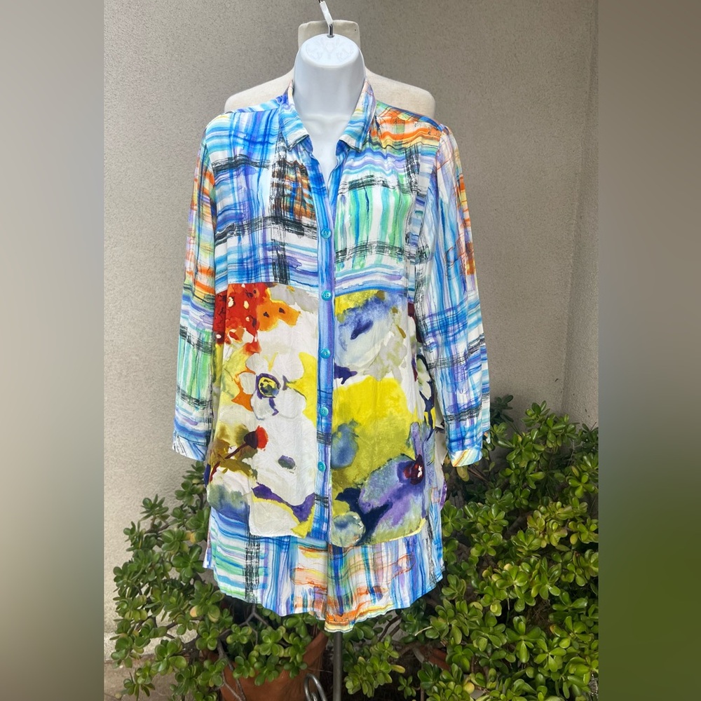 Jams World blouse shorts set blues Summer Plaid theme Sz Small